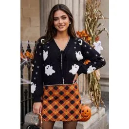 Ghostly Night Jacquard Tie-Front Knit Cardigan for Halloween Party & Costume Events | Chicwish