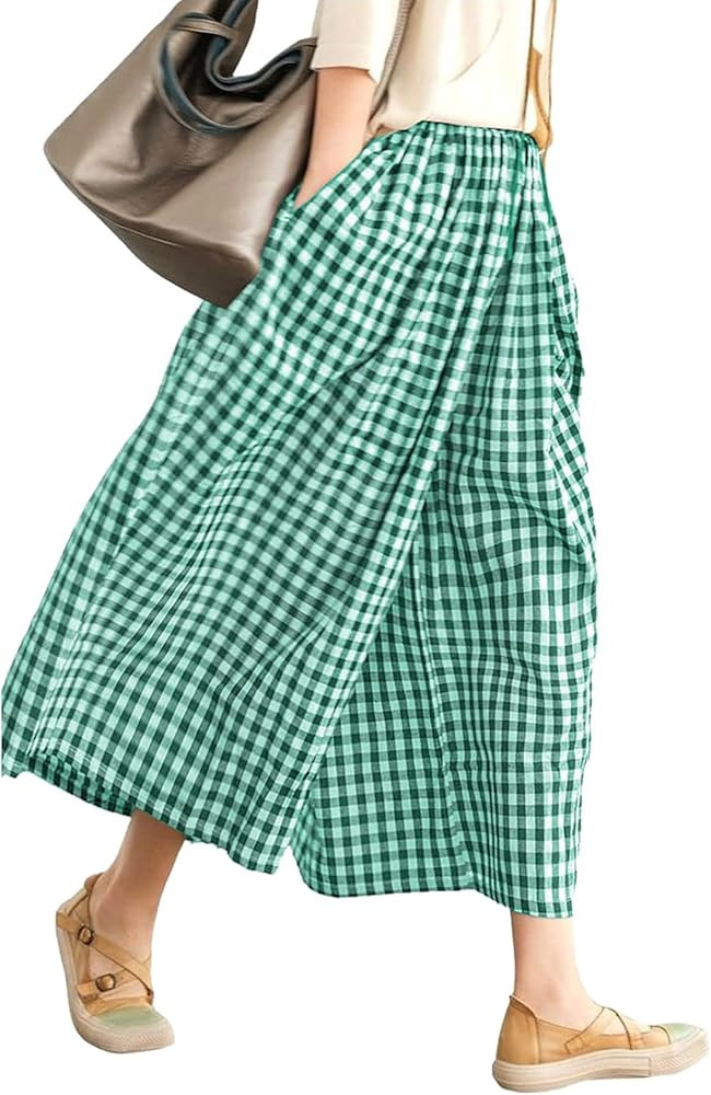 LOMON Womens Wide Leg Capri Pants Cotton Gingham Plaid Culottes Summer Elastic Waist Palazzo Trou... | Amazon (US)
