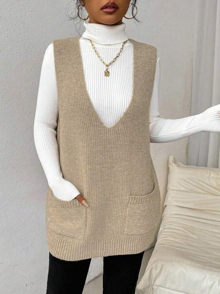 Calvaya Women's Deep V-Neck Pocketed Solid Color Simple Comfortable Sweater Vest For Daily Casual Wear | SHEIN