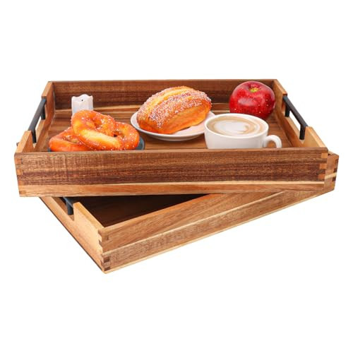 kukmakri 2 PCS Acacia Wood Serving Tray with Black Handles - 13 x 17 inches Premium Wooden Tray for Ottoman and Coffee Table Tray, Home Decor, Kitchen | Amazon (US)
