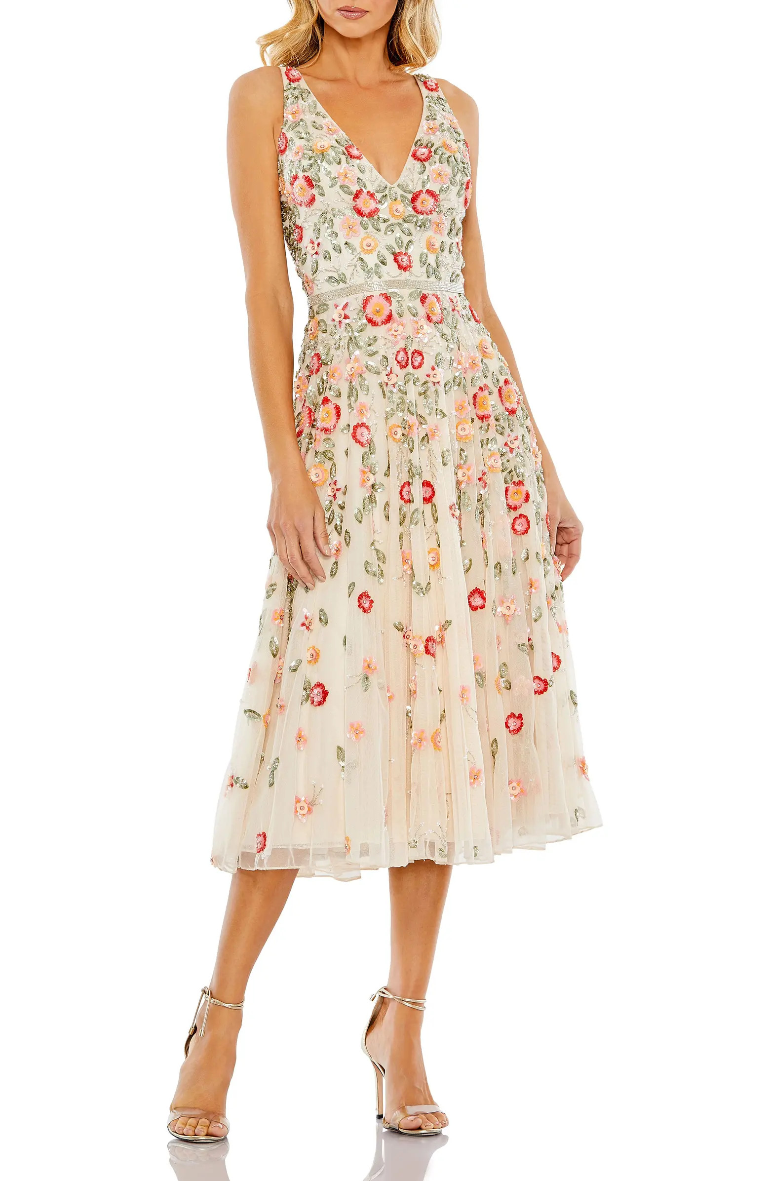V-Neck Sleeveless Midi Floral Beaded A-Line Dress | Nordstrom