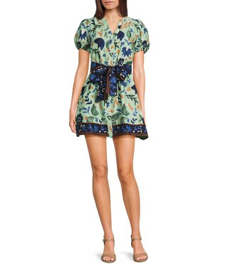 Floral Print Poplin Short Sleeve Belted Dress | Dillard's