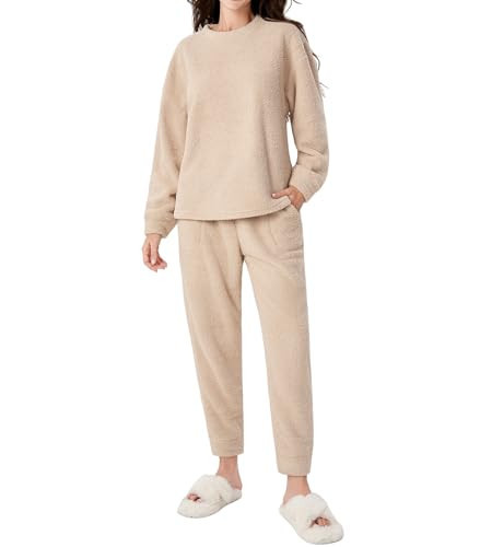 DAVID ARCHY Women's Fleece Pajamas Warm Soft Fluffy Winter Loungewear Thermal Sleep Pjs Set with Pockets(L,Khaki) | Amazon (US)