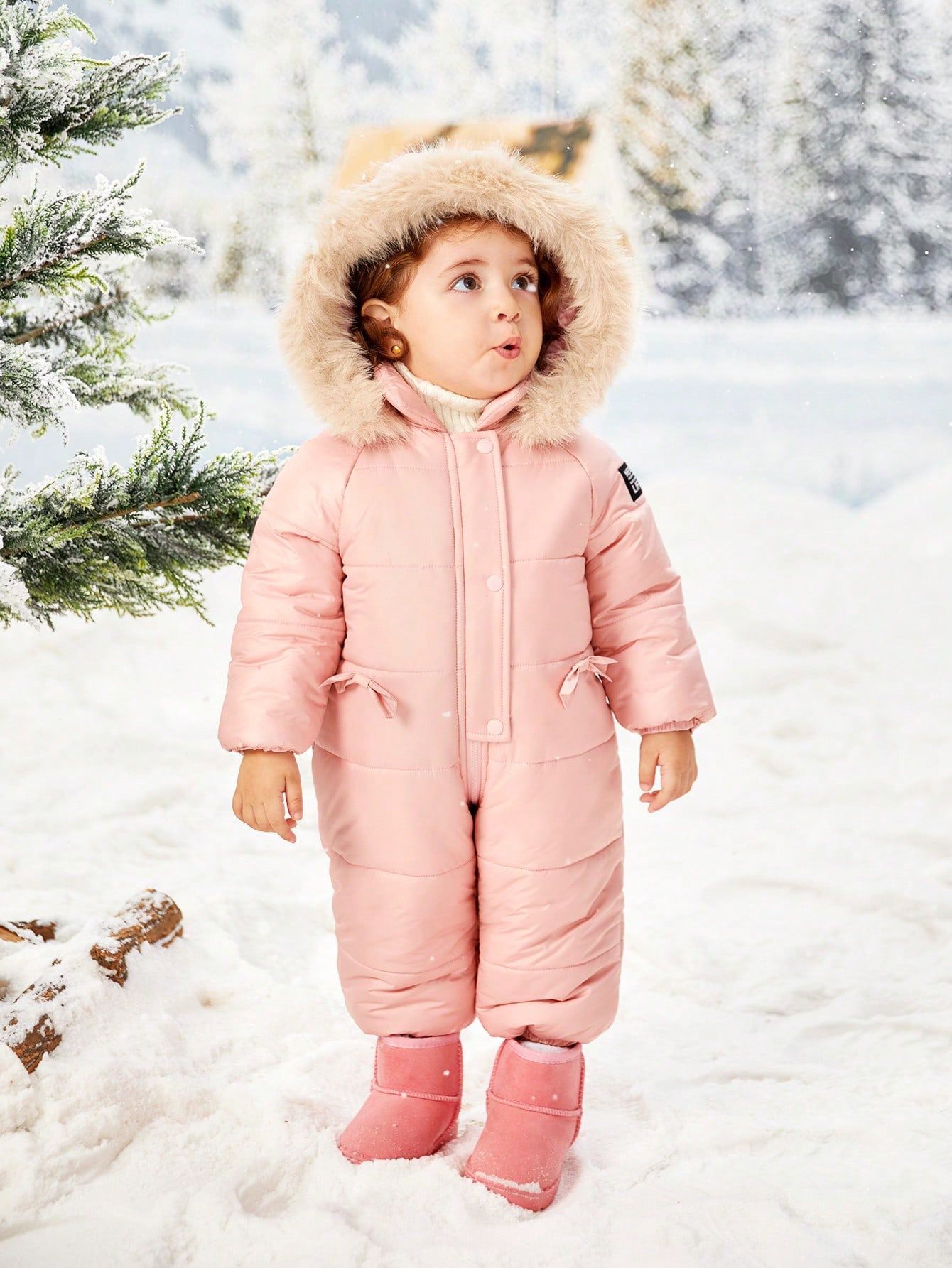 SHEIN Baby Girl Bow Detail Fuzzy Trim Hooded Jumpsuit4.75(4) | SHEIN