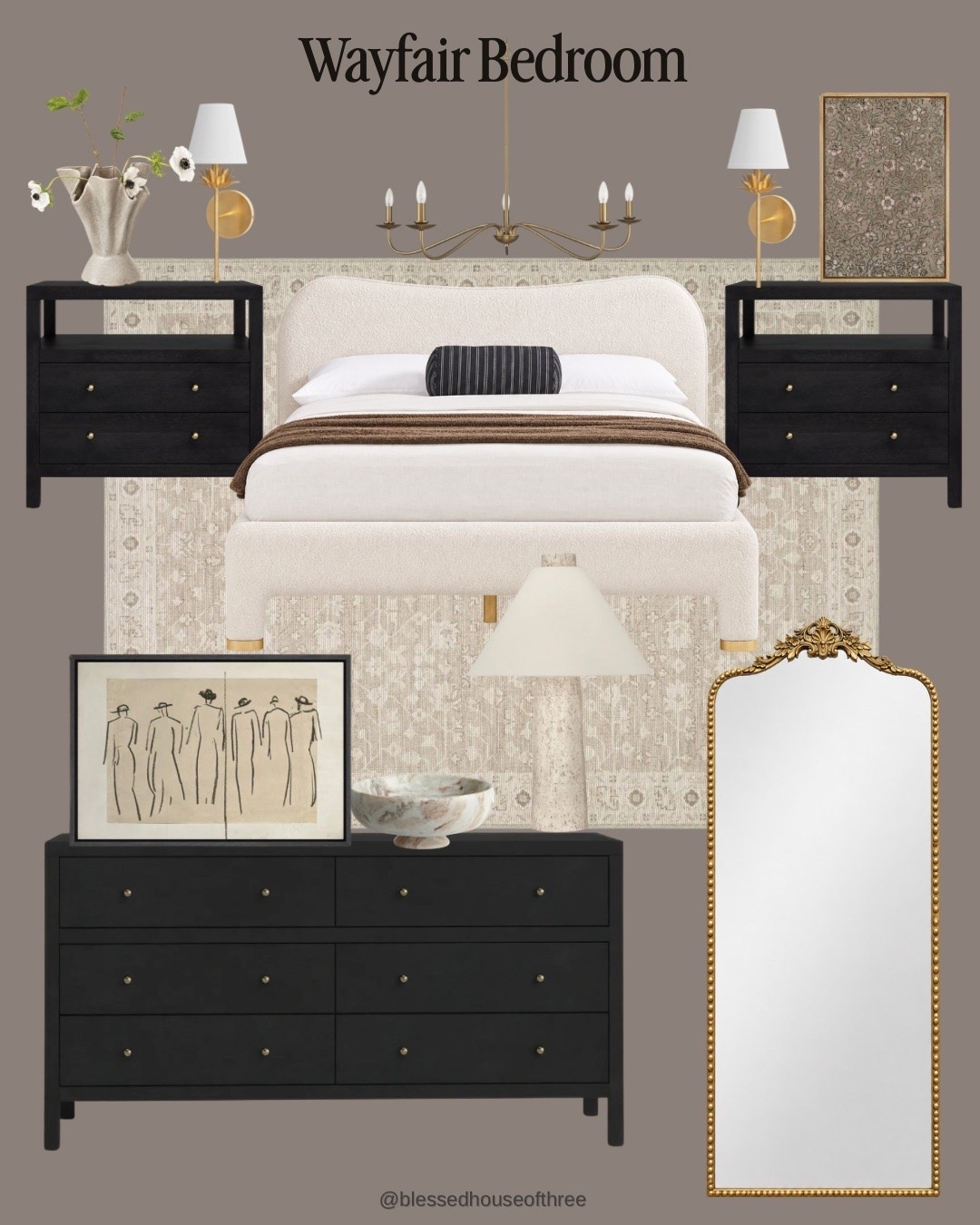 A neutral bedroom refresh with some of my favorite Wayfair bedroom finds! If you love warm neutral bedroom decor with a little contrast, this combination of a creamy upholstered bed, black nightstands and dresser, vintage-inspired neutral area rug, brass lighting and antique-style floor mirror creates such a beautiful collected look. I love how the black bedroom furniture grounds all of the soft ivory, beige and brown tones while the brass accents add warmth without making the room feel overly traditional. These are great finds for anyone searching for Wayfair bedroom furniture, neutral bedroom ideas, modern bedroom decor, bedroom lighting, bedroom rug ideas, black nightstands, upholstered beds and an elevated bedroom refresh on a more attainable budget. Everything shown is linked!

#LTKHome #LTKSaleAlert