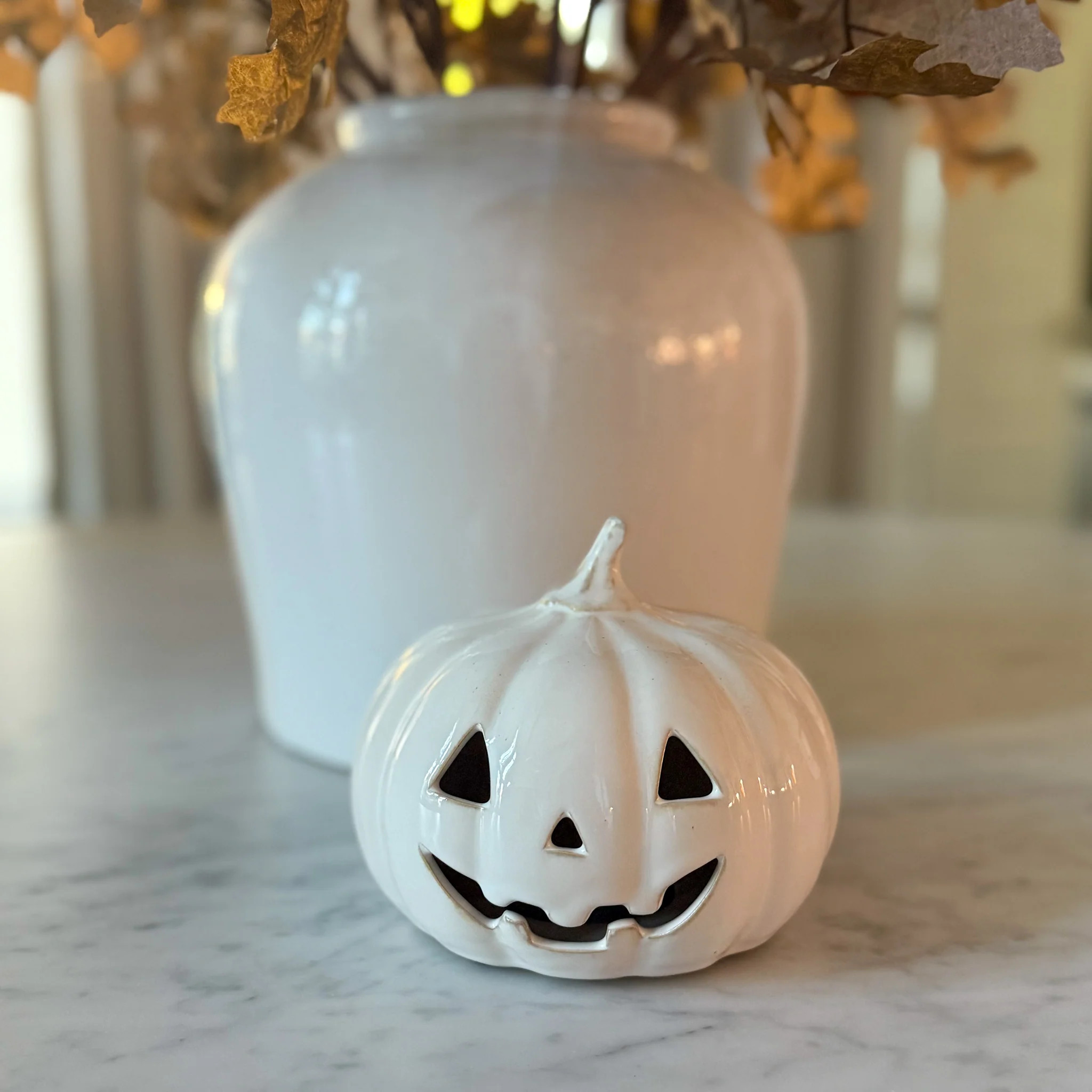 White Ceramic Pumpkin Jack-O\u2019-Lantern | Wide | MJHome