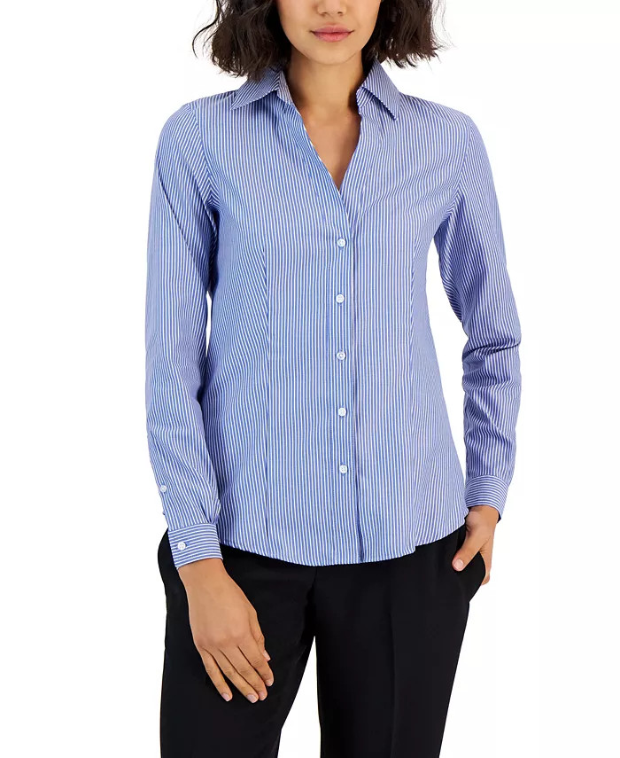 Women's Striped Easy Care Button Up Long Sleeve Blouse | Macy's