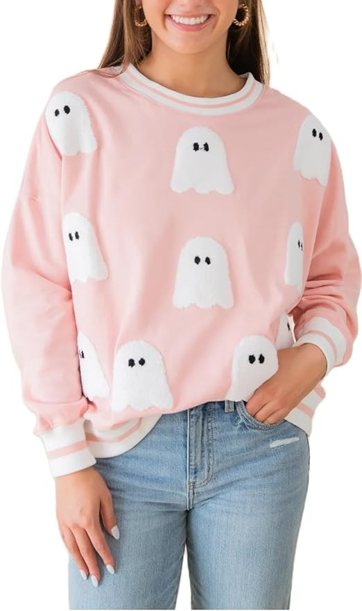 Women's Cute Halloween Sweatshirts Sequin Spooky Ghost Graphic Oversized Pullover Crewneck Long S... | Amazon (US)