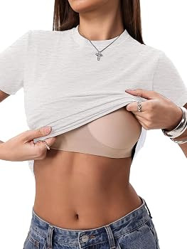 Danysu Womens Tops with Built in Bra Short Sleeve Fitted Crop T Shirt     No See Through, Bra Fre... | Amazon (US)