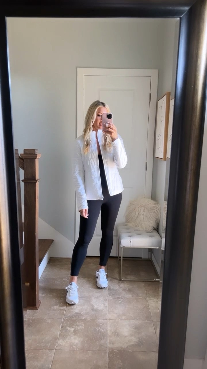 Best selling jacket that works great over any bodysuit. Size 10 jacket. Size 6 lululemon align bodysuit 
Nikes tts 


#LTKU #LTKunder100 #LTKtravel