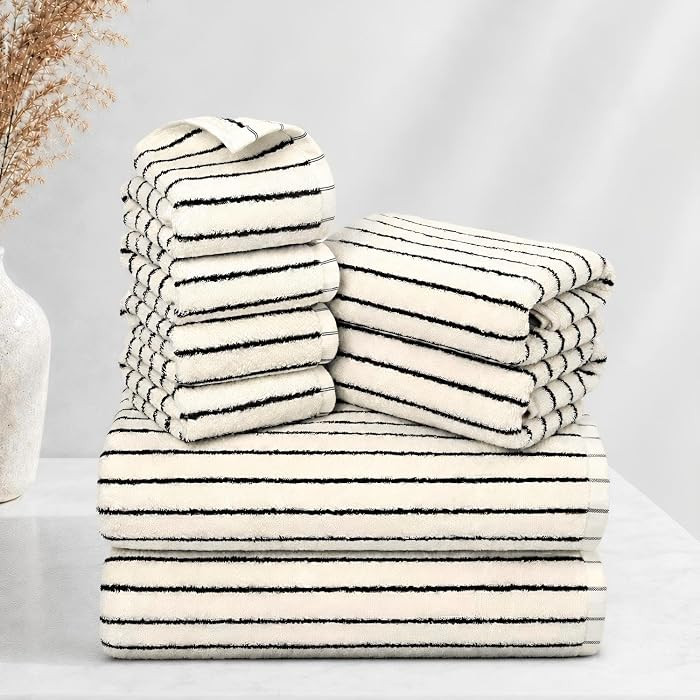 8 Pack Black and Ivory Bath Towel Set, Cotton Striped Bath Towels | Amazon (US)
