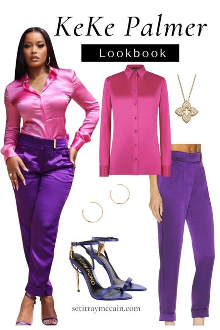 KeKe Palmer style guide, shop the look! Celebrity style, celeb style, #celebritystyle ootd, pink tops, purple bottoms, Tom Ford women’s clothes, workwear, what to wear to work. Pants suit. Barbie outfit, Barbie style. 

#LTKtravel #LTKworkwear