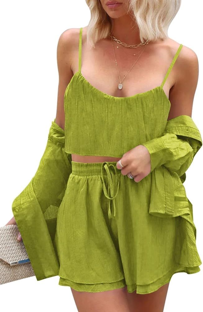 Fixmatti Women's 3 Piece Summer Outfits Long Sleeve Button Down Shirt Halter Top and Shorts Set | Amazon (US)