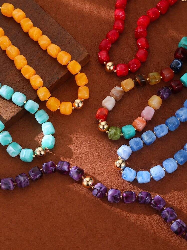 1/6pcs Bohemian Style Chunky Square PMMA Bead Necklace, Women's Summer Vacation/Party Wear, Fashi... | SHEIN