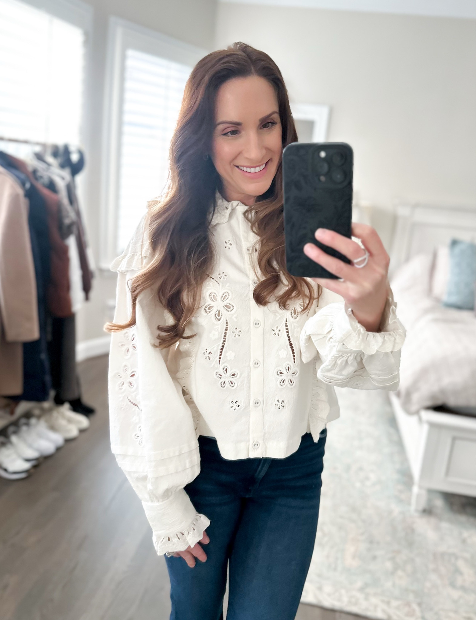 Let’s hear it for this ultra-feminine eyelet top! The Adelie white blouse is embroidered with beautiful floral eyelet motifs and beading. Cut to a flowy silhouette, this ruffled top spotlights a eyelet trimmed Peter Pan collar, long billowy sleeves, and eyelet ruffle trims throughout the bodice.

#LTKOver40 #LTKSeasonal #LTKWatchNow