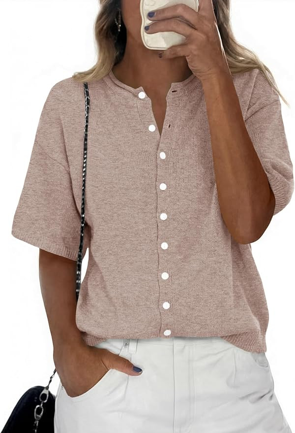 Saodimallsu Womens Short Sleeve Button Down Cardigans Lightweight Spring Summer Casual Knit Crew ... | Amazon (US)