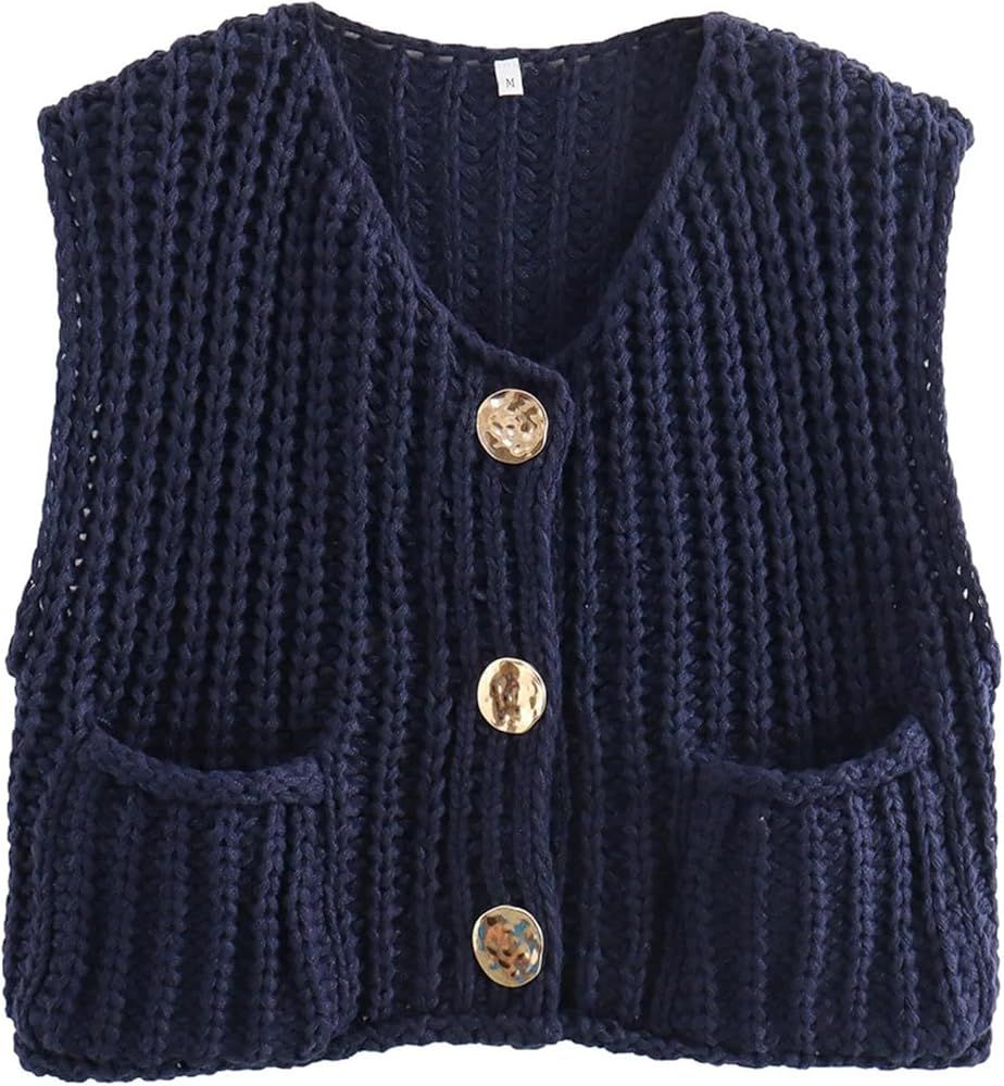 Arssm Women Button Down Sweater Vest Sleeveless Crop Knit Cardigan Cropped Knitted Sweater Vest w... | Amazon (US)