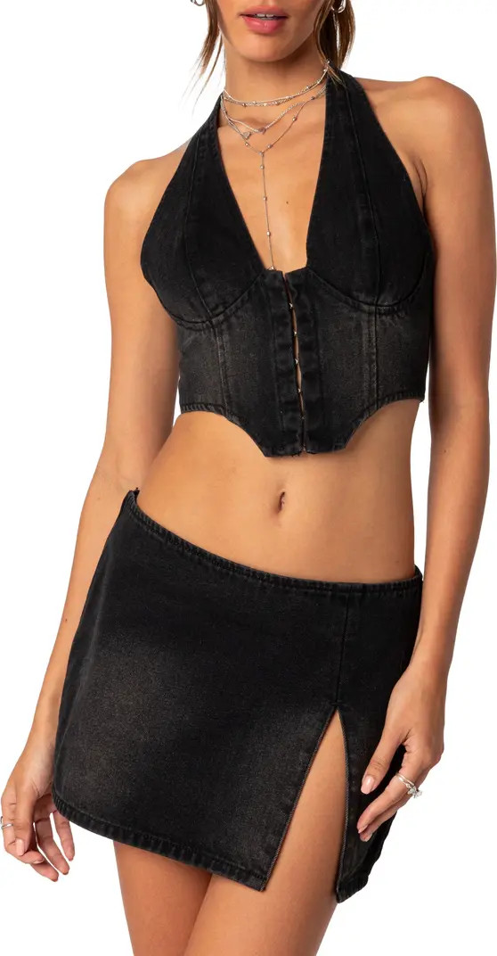 EDIKTED Katrina Lace-Up Denim Corset Halter Top | Nordstrom | Nordstrom
