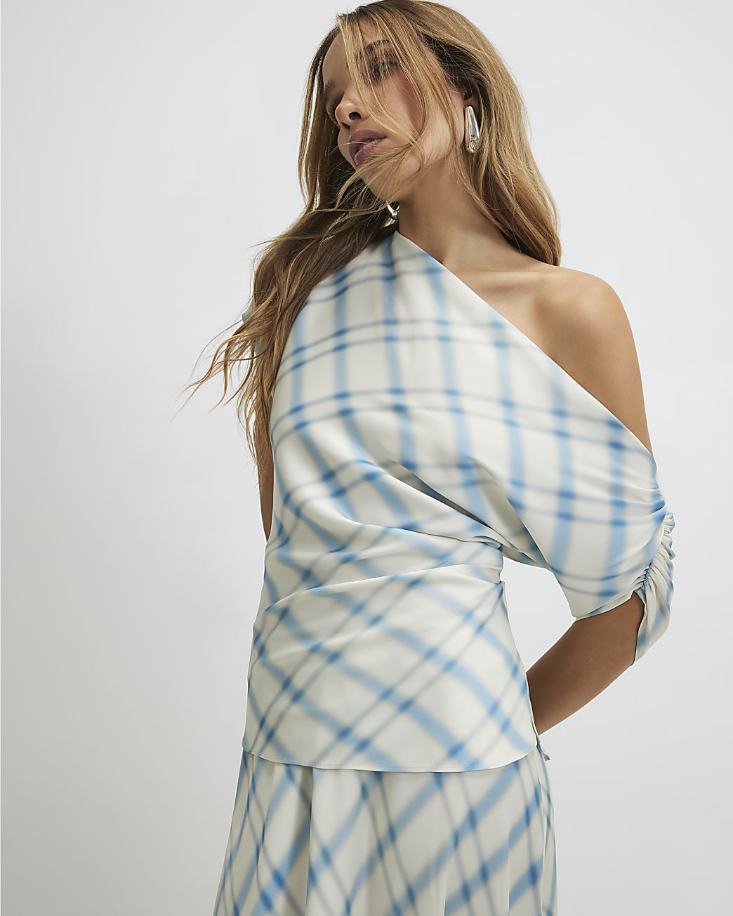 Blue Check Off The Shoulder Top | River Island UK & IE