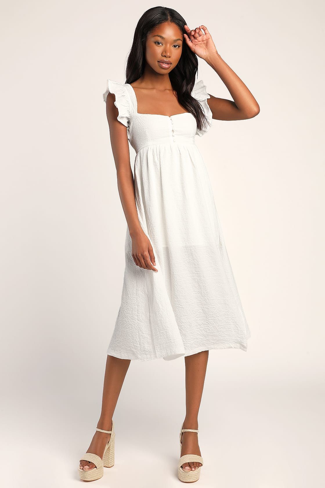 Springtime Splendor White Ruffle Backless Midi Dress | Lulus (US)
