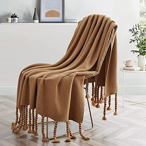 Aormenzy Brown Throw Blanket with Tassels, Knitted Throw Blanket for Couch Bed Sofa, 50" x 60" | Amazon (US)
