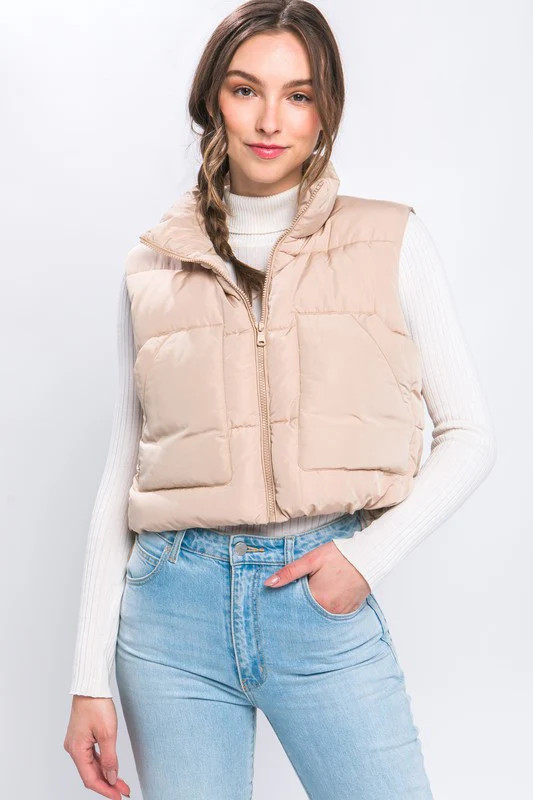 Puffer Vest With Pockets Khaki / M | Casual Chic Boutique