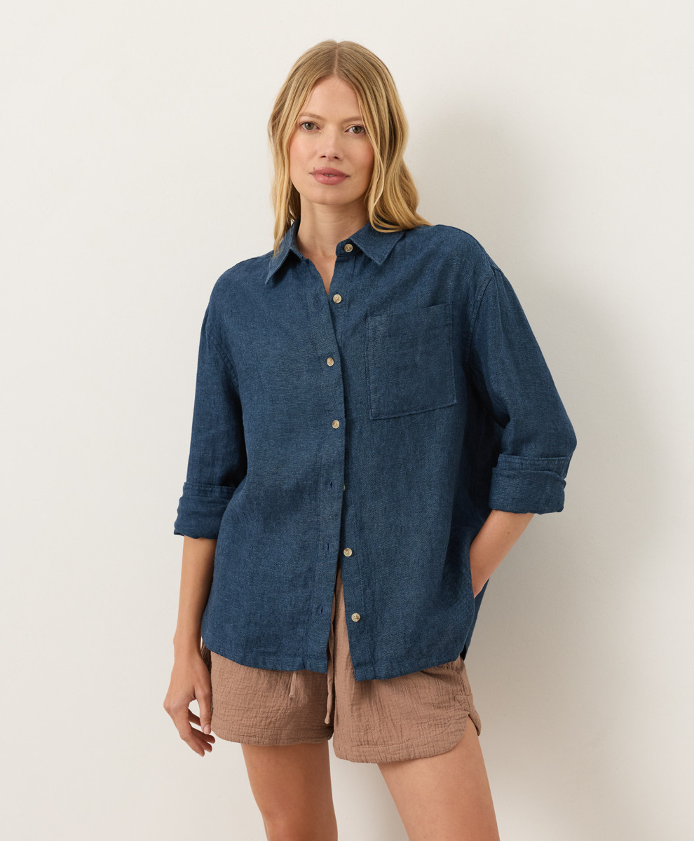 Women's Navy Yarn Dye Linen Relaxed Shirt XS | Pact Apparel