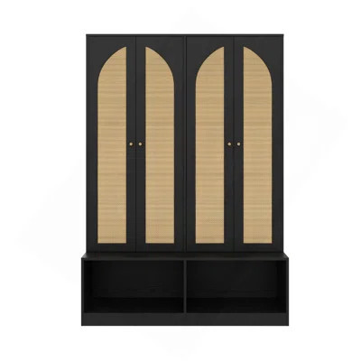 Farmhouse Widen Hall Tree With 4 Rattan Doors, Versatile 4-In-1 Seating Bench With 6 Hooks, Mid-Century Entryway Shoe Cabinet With Adjustable Shelf Fo | Wayfair North America