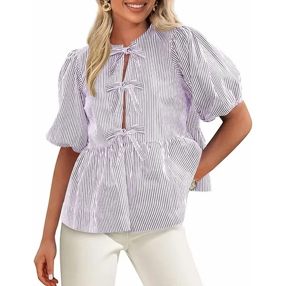 PRETTYGARDEN Women's Summer Tie Front Striped Shirt Trendy Cute Babydoll Tops Fashion Peplum Puff... | Walmart (US)