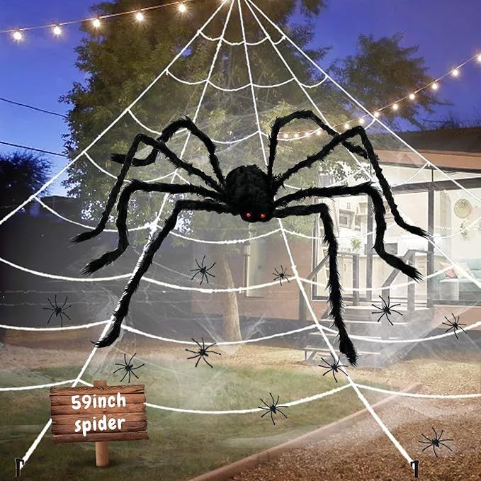 UNGLINGA Giant Yard Halloween Decorations Outdoor Spider Web with 59" Spider Outside Scary Decor ... | Amazon (US)