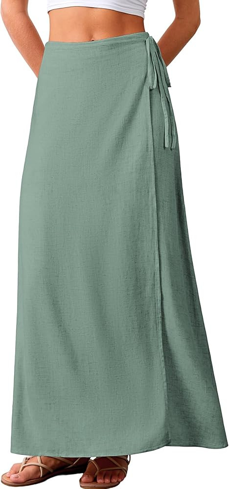 ELLEVEN Linen Wrap Maxi Skirt Elastic Back Waistband Flowy A Line Summer Casual Long Skirt | Amazon (US)