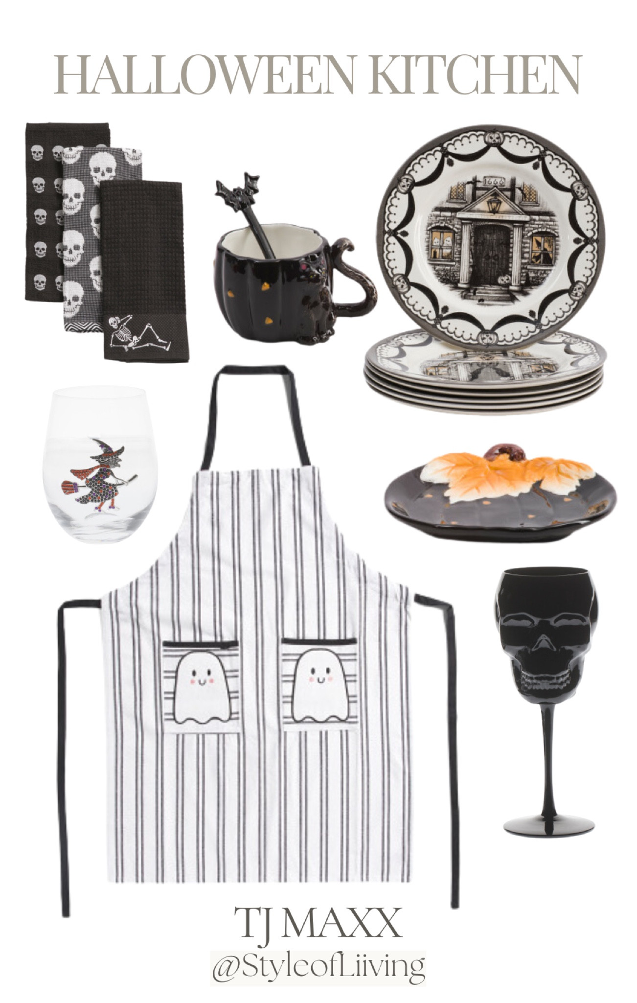 Halloween kitchen TJ Maxx! Aprons, kitchen dish towels, plates, mugs, wine glasses.

#LTKFindsUnder50 #LTKHome #LTKSeasonal