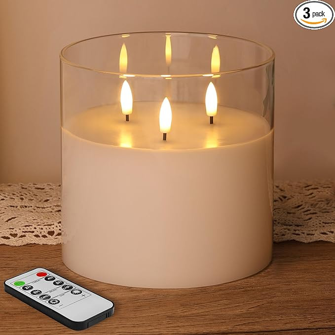 Eywamage 3 Wick Clear Glass Flameless Candle with Remote, Large Flickering LED Battery Pillar Can... | Amazon (US)