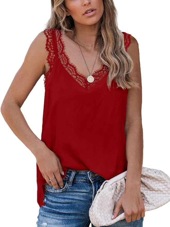 Aokosor Womens V Neck Lace Tank Tops Summer Casual Loose Sleeveless Shirts Side Split | Amazon (US)