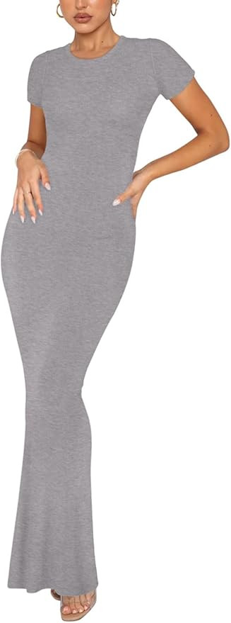 REORIA Women's Summer Casual Lounge Long Dress Elegant Short Sleeve Crew Neck Bodycon Maxi Dresse... | Amazon (US)