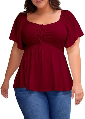 Eytino Womens Plus Size Tops Short Sleeve Sweetheart Neck Shirred Peplum Blouse Shirts(1X-5X) | Amazon (US)
