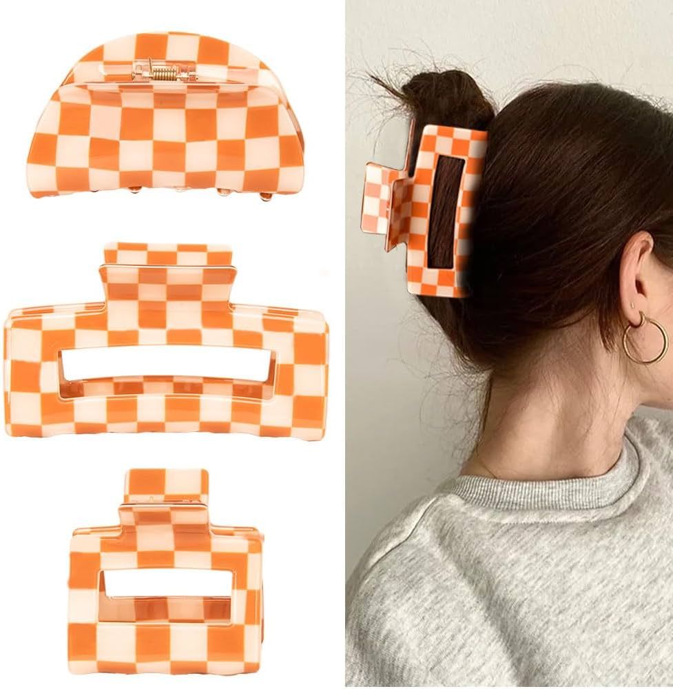 Checkered Claw Clips 3PCS, Orange Checkered Hair Clips for Women Girls, Claw Clips for Thick Thin... | Amazon (US)