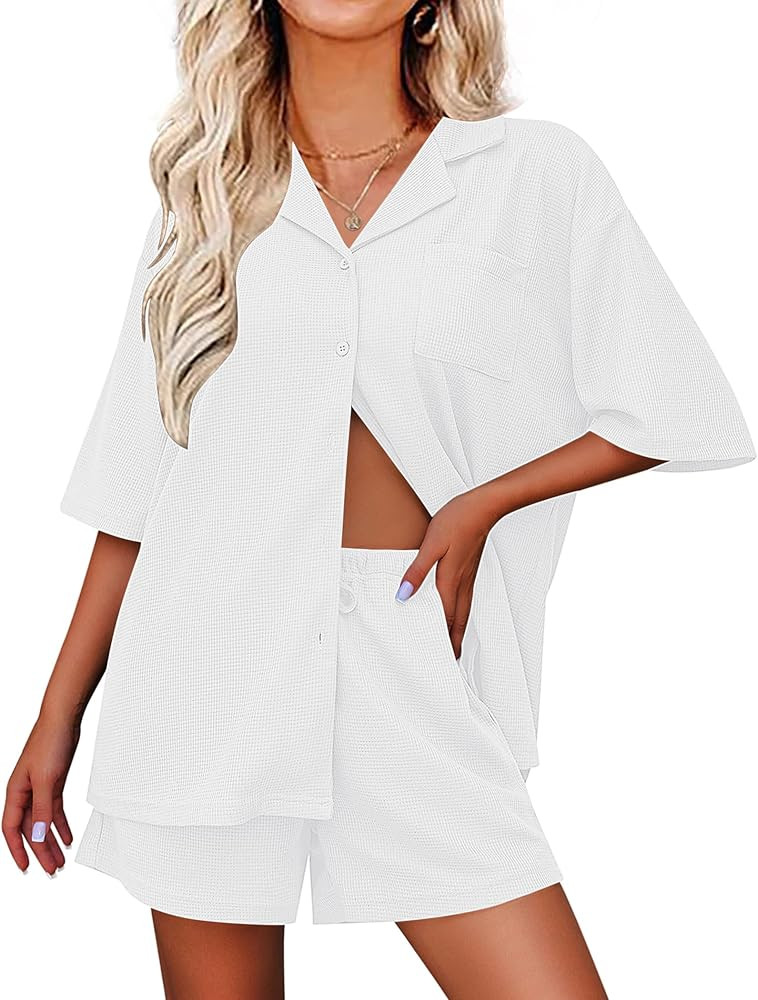 Ekouaer Pajamas for Women Waffle Knit Lounge Set Button Down Loungewear Soft Short Sleeve Pjs Sho... | Amazon (US)
