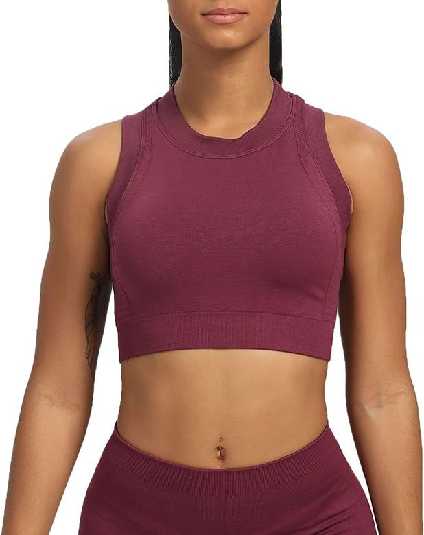 Aoxjox Women's Workout Sports Bras Carbon Fitness High Neck Cross Back Padded Bra Yoga Crop Tank Top | Amazon (US)