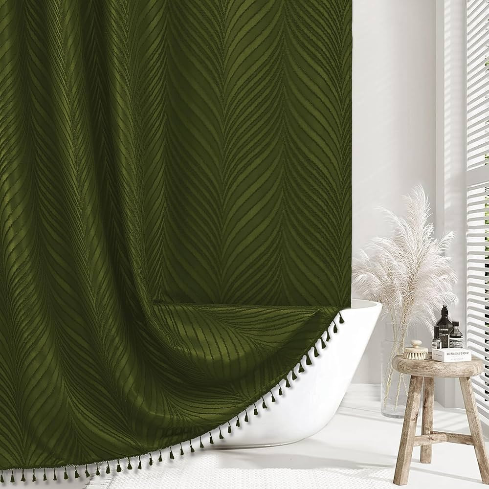 Dark Green Boho Shower Curtain Woven Fabric Cute Shower Curtain, 72 x 72 Tufted Leaves Textured S... | Amazon (US)