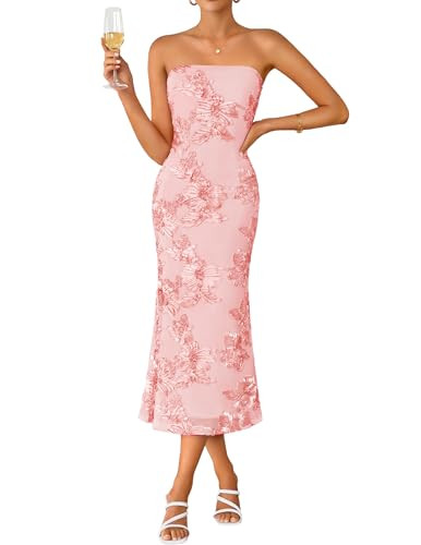 ZESICA Cocktail Wedding Guest Dresses for Women 2026 Summer Strapless Floral Bodycon Mesh Tube Formal Party Midi Dress Pink Medium | Amazon (US)
