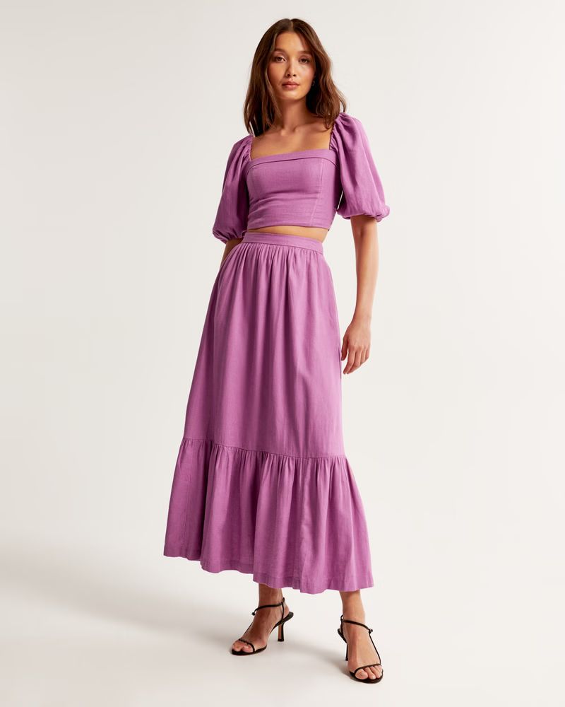 Linen-Blend Tiered Midi Skirt | Abercrombie & Fitch (US)