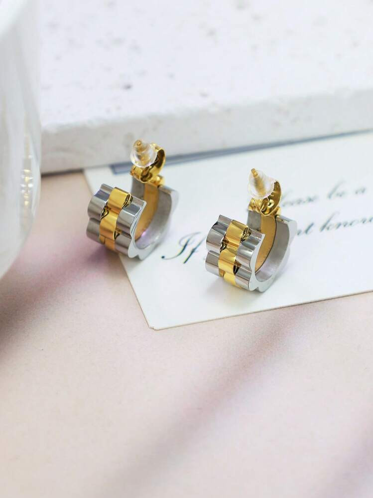 1 Pair Stainless Steel 2-Tone Stud Earrings, Couples Stylish Personalized Earrings | SHEIN