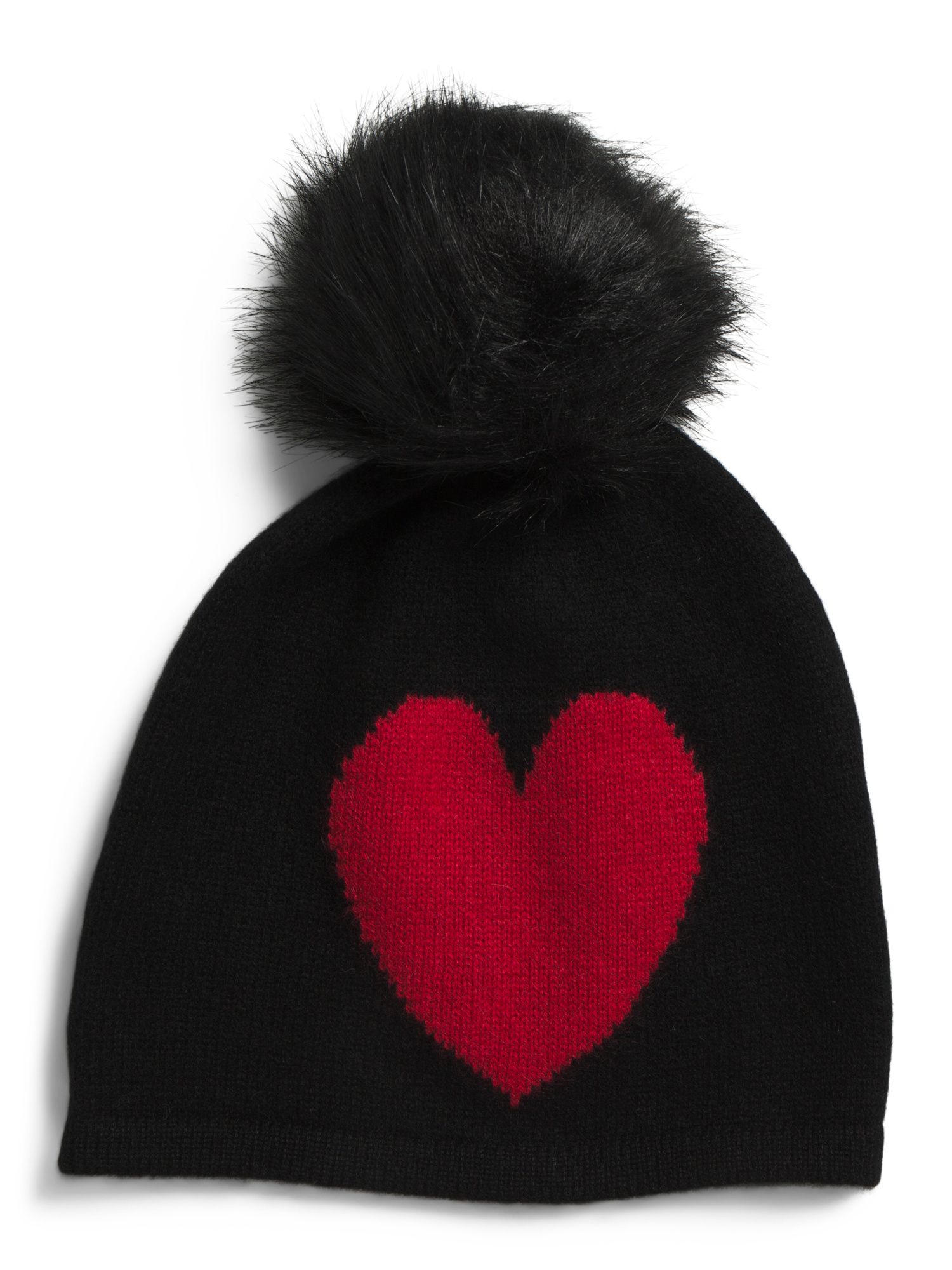 Cashmere Heart Intarsia Hat With Faux Fur Pom Pom | TJ Maxx