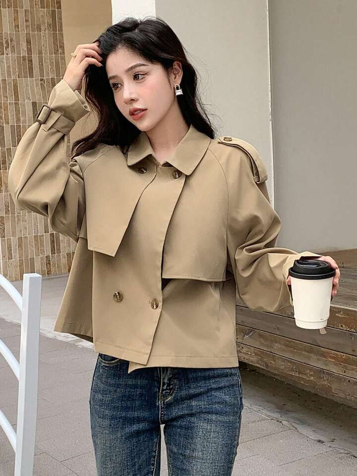 DAZY Solid Double Breasted Raglan Sleeve Trench Coat | SHEIN