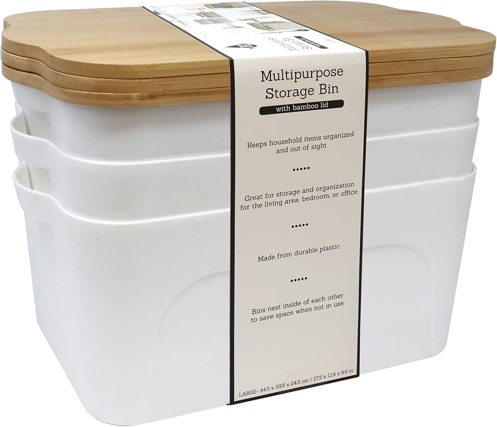 Storage Bin with Bamboo Lid, Decorative Stackable Basket Table Bookcase Kitchen Office Organizing... | Amazon (US)