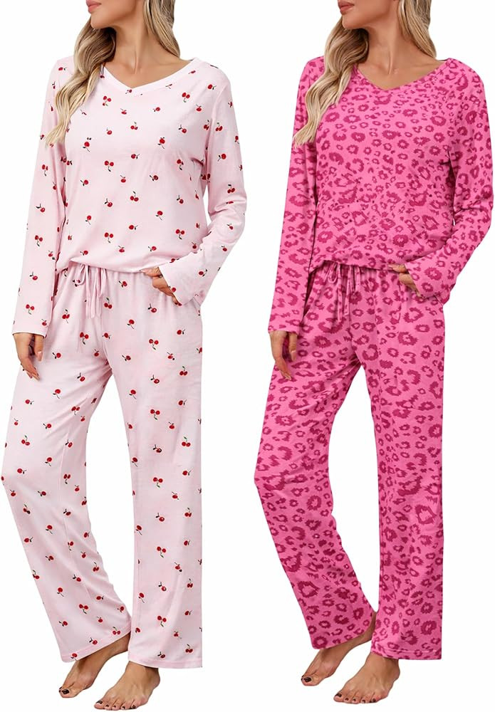 Ekouaer Womens 2 Pack Pajama Set Short & Long Sleeve Pajamas Top and Pants V Neck Pjs Set Soft Lo... | Amazon (US)