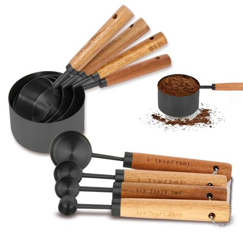 Measuring Cups and Spoons Set with Fragrant Wood Handles, 8 Piece Measuring Spoons and Measuring Cups Set,Precision Measuring Cup Set for the Kitchen Enthusiast(Black) | Amazon (US)