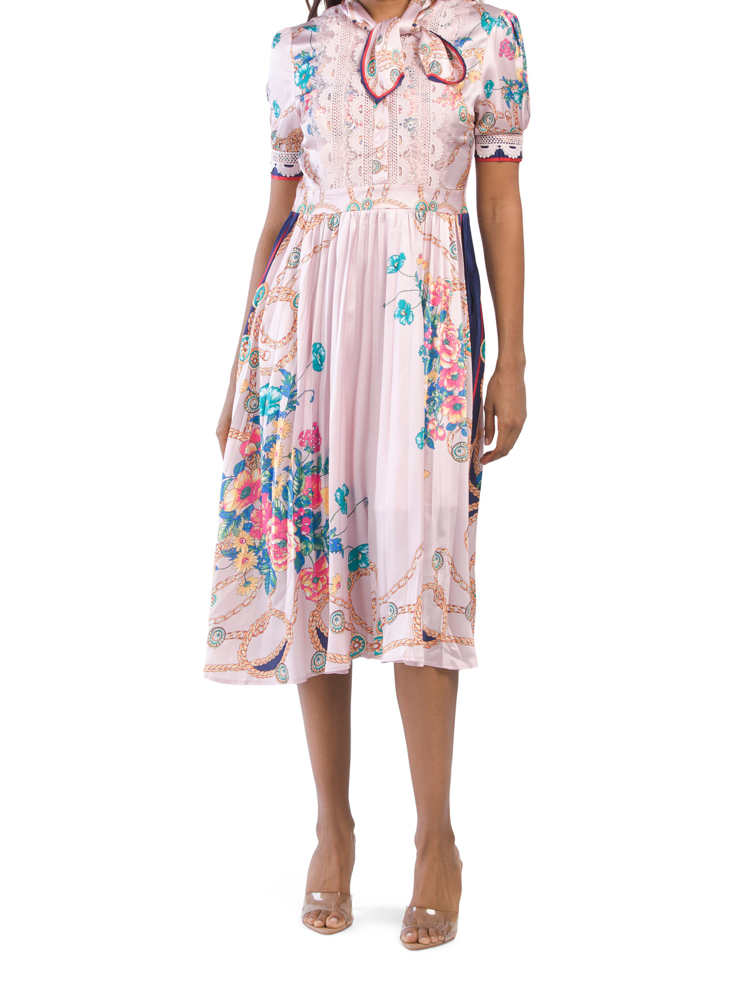 Short Sleeve Pleat Skirt Floral Dress With Lace Detail | TJ Maxx