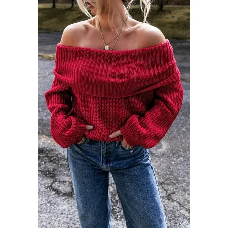 Ushdele Flirty Off-Shoulder Knit Sweater - Sleek Racing Red Sizes US 4-18 | Walmart (US)